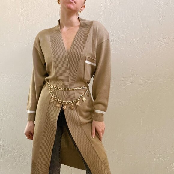 Vintage 1980's Neutral Tan Long Duster Knit Cardigan Sweater - Picture 1 of 8